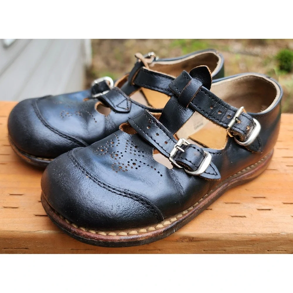 Handmade Black Leather Toddler 7.5 or 8‎ Double Buckle Mod Retro Dress Shoes